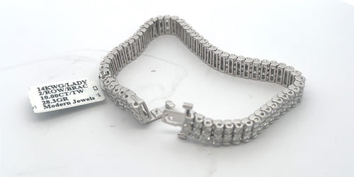 14k White Gold 2 Row 9.75 CT Unisex Diamond Bracelet, 28.3gm, 7.5"