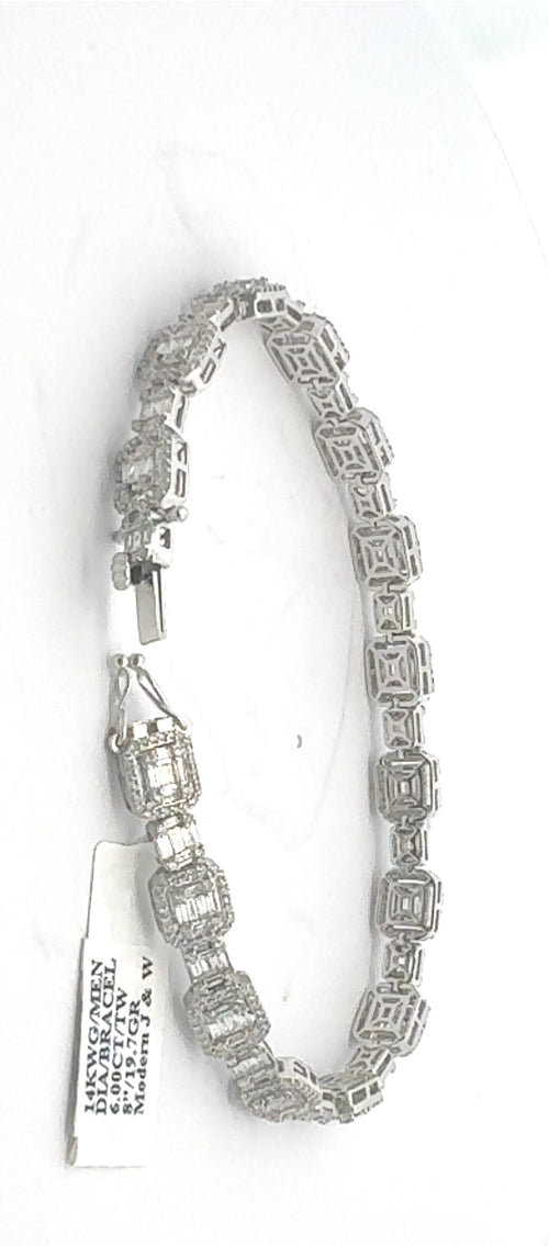 14k White Gold 5.75 CT Baguette Diamond Tennis Bracelet, 19.7GM 8", S108120