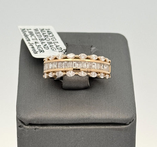 14k Yellow Gold 1.00CT Emerald &Marquise Diamond Wedding Band 4.3g Size 7 S16550