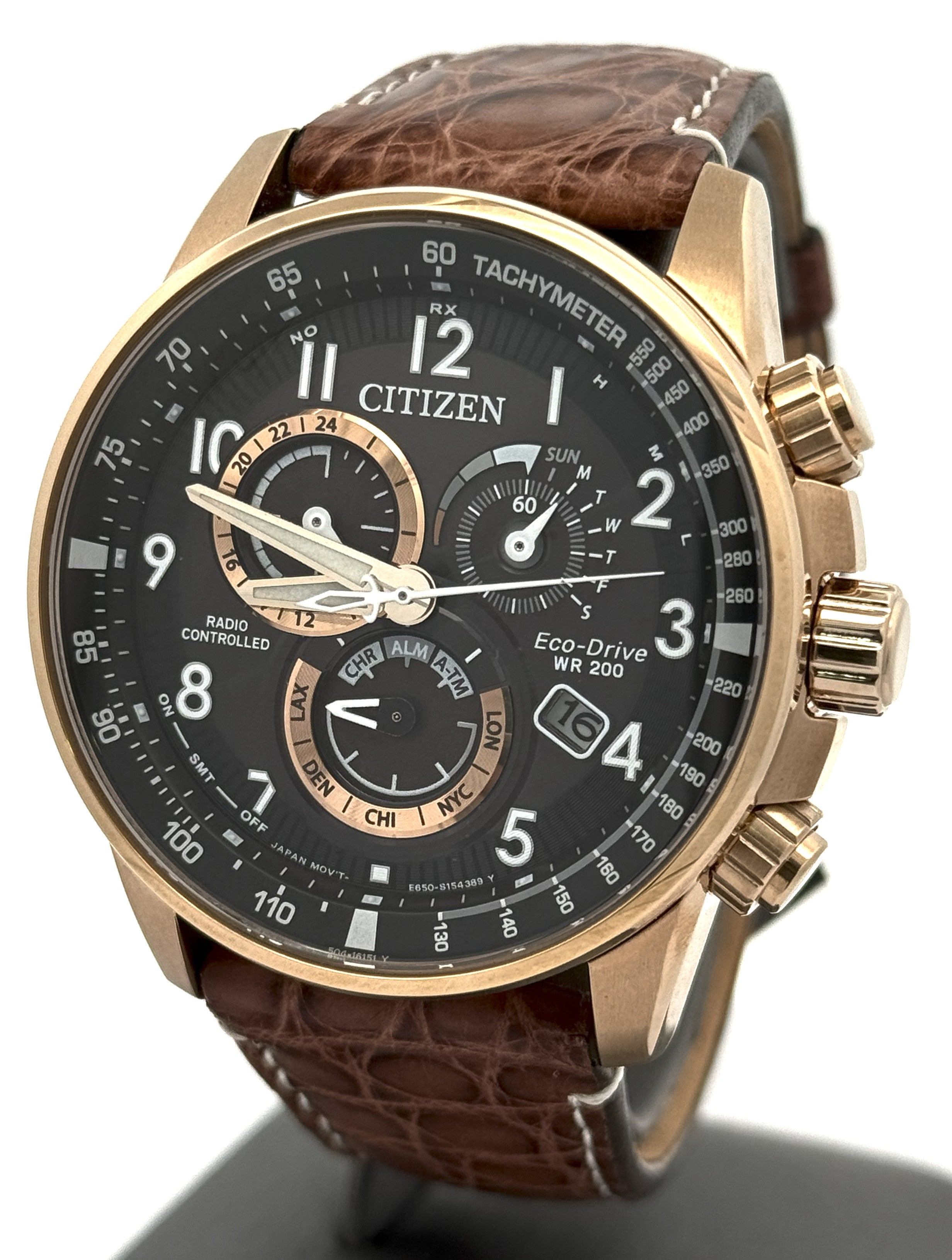 Citizen PCAT Black Dial Eco-Drive Rose Plated Steel 44mm Watch