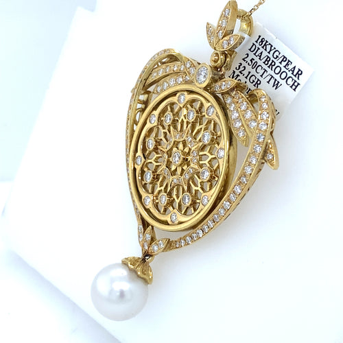 18K Yellow Gold 2.50 CT Diamond & Pearl Fancy Pendant