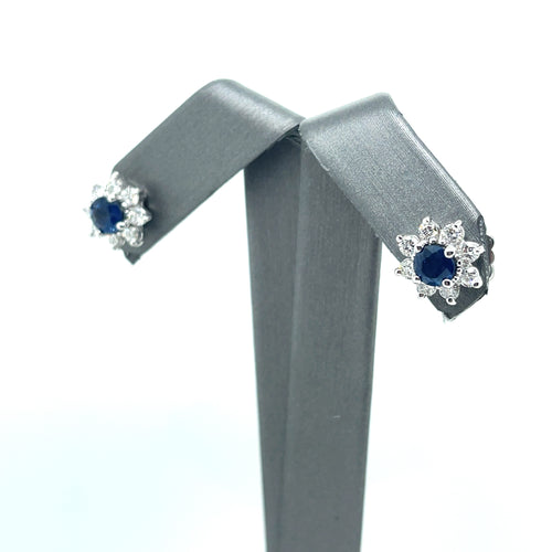 14k White Gold 3.50 CT Diamond & Sapphire Flower Stud Earrings, 2.9gm