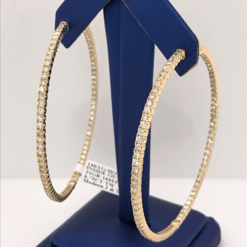 14K Yellow Gold 6.75 CT Diamond Inside Out Hoop Earrings, 21gm