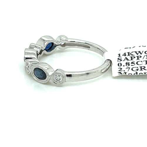 14K White Gold 0.85 CT Diamond & Sapphire Band, 2.7gm, Size