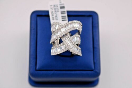 14K White Gold 6.50 CT Baguette & Round Cut Diamond Criss-Cross Ring
