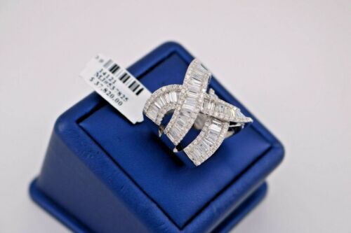 14K White Gold 6.50 CT Baguette & Round Cut Diamond Criss-Cross Ring