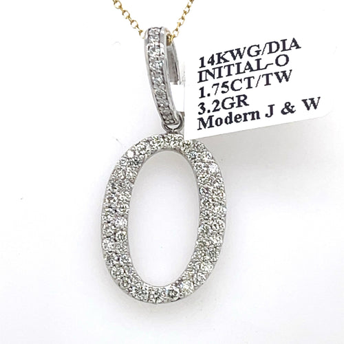 14K White Gold 1.75Ct Round Diamond Initial O Pendant 1.34", 3.2G