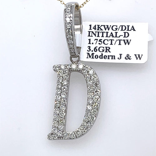 14K White Gold 1.75Ct Round Diamond Initial D Pendant 1.49", 3.6G