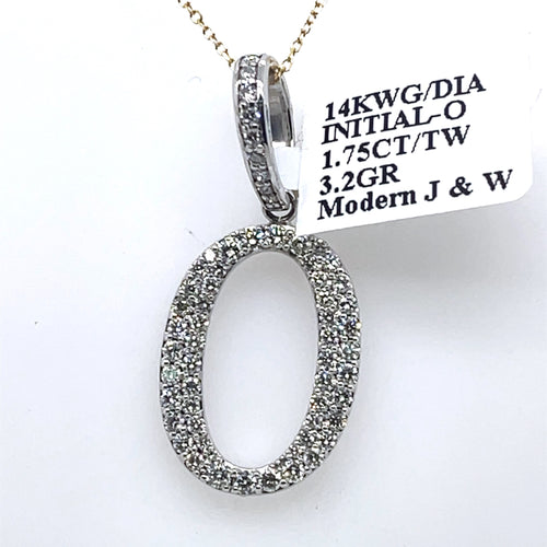 14K White Gold 1.75Ct Round Diamond Initial O Pendant 1.34", 3.2G