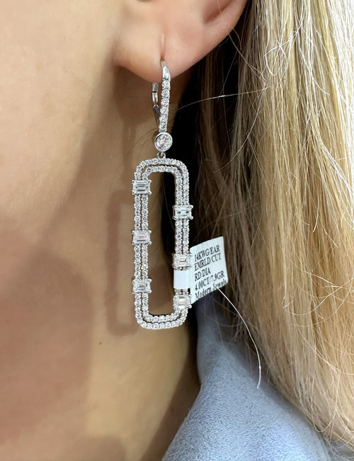 14k White Gold 4.00CT Emerald & Round Cut Diamond Drop Earrings, 7.9g