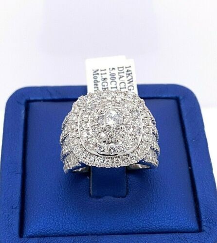 14k White Gold 5.00 CT Diamond Cluster Ladies Ring, 11.8g, Size 8