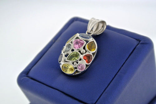 Ladies 14k White Gold Multi Color Stone Pendant, 5.3gm, Made In Italy