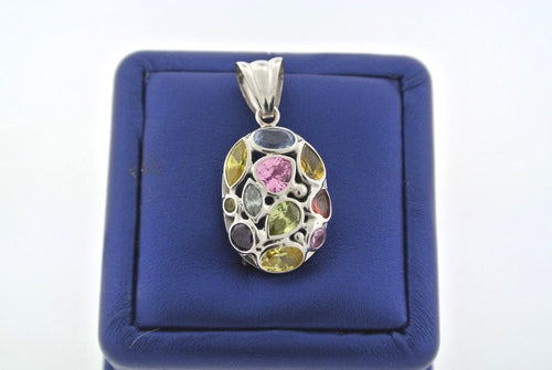 Ladies 14k White Gold Multi Color Stone Pendant, 5.3gm, Made In Italy