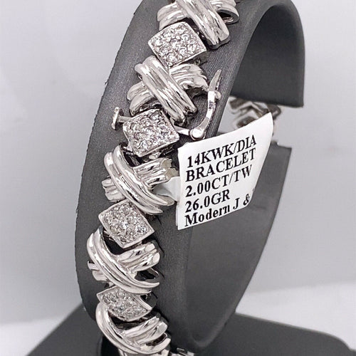 14k White Gold 2.00 CT Diamond Ladies XO Bracelet, 26g, 7", S100472