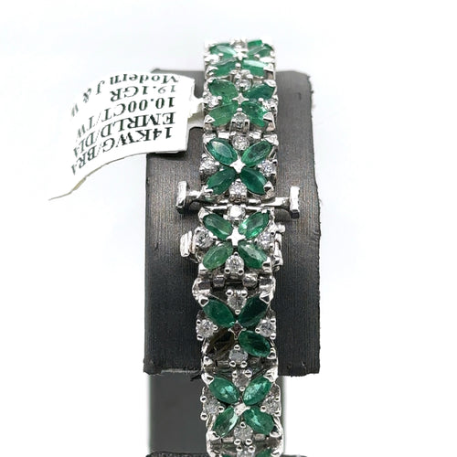 14k White Gold 10.00 CT Emerald & Diamond Tennis Bracelet, 19.1g, 7" S102272