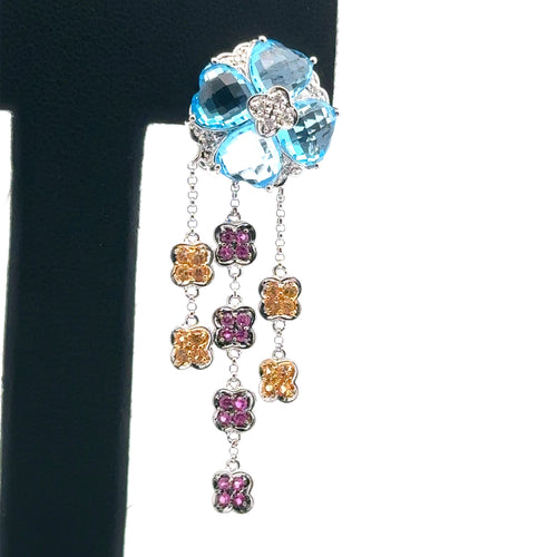 14k White Gold 10.00CT Multi Color Stones Flower dangle Earrings, 11.1gm S101486