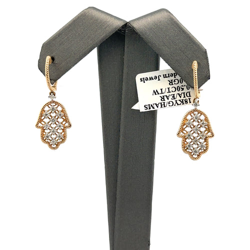 18k Yellow Gold .25 CT Diamond Hamsa Earrings, 4.0gm, 14816