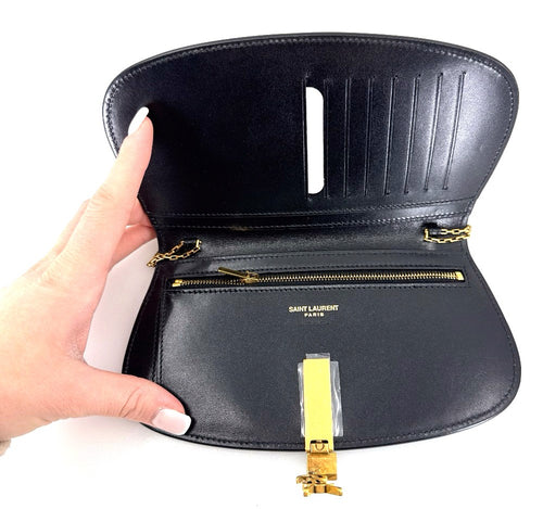 Saint Laurent Voltaire YSL Monogram Wallet on Chain in Grained Leather