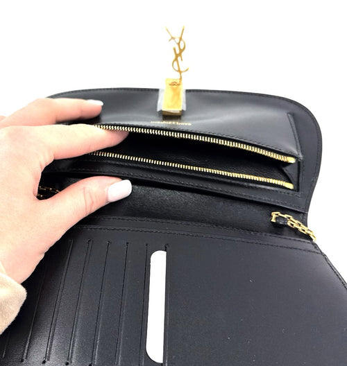 Saint Laurent Voltaire YSL Monogram Wallet on Chain in Grained Leather