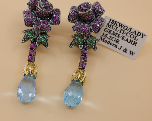 18k White Gold Multi Color Gemstone Drop Earrings, 16.2g, S108815