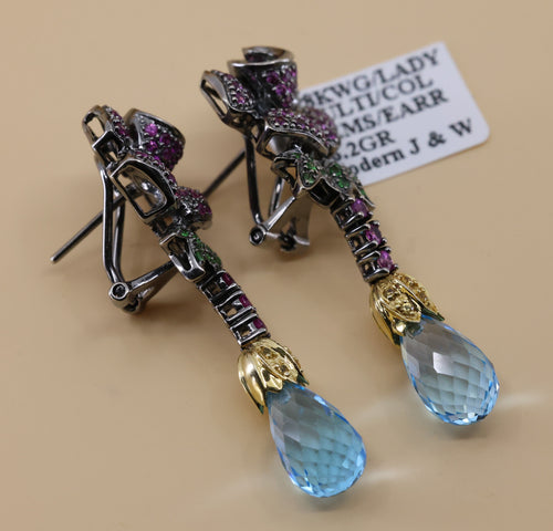 18k White Gold Multi Color Gemstone Drop Earrings, 16.2g, S108815