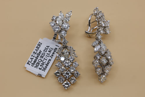 Platinum Chandelier Earrings 13.8g, 6.50CT Marquise & Round Cut Diamonds, S16743