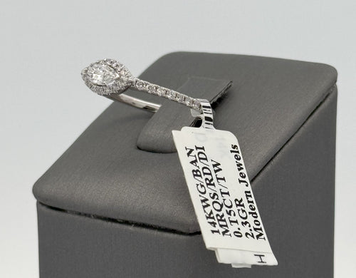 14k White Gold 0.50 CT Marquise & Round Diamond Ring, Size 7,5, 2.3gm, S16231