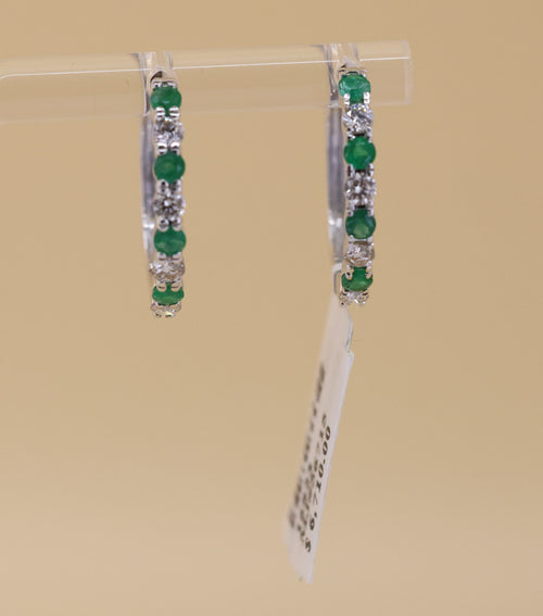 14k White Gold 0.75CT Diamond & Emrld Hoop Earrings, 3.3gm, S16823