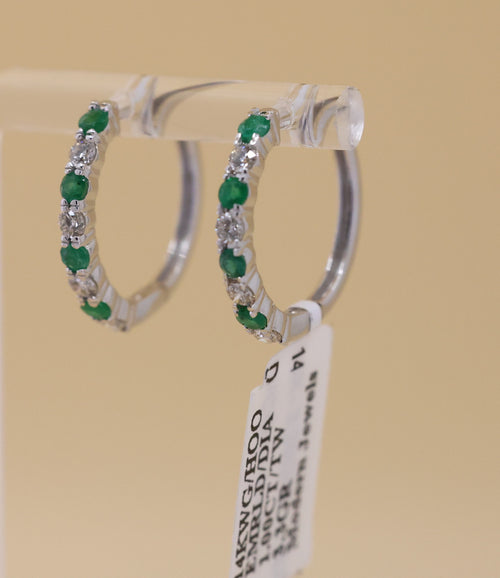 14k White Gold 0.75CT Diamond & Emrld Hoop Earrings, 3.3gm, S16823