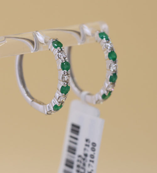 14k White Gold 0.75CT Diamond & Emrld Hoop Earrings, 3.3gm, S16823