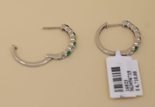 14k White Gold 0.75CT Diamond & Emrld Hoop Earrings, 3.3gm, S16823
