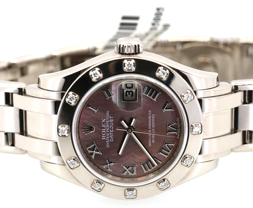 Pre-owned Lady Rolex 18K White Gold Datejust Pearlmaster 80319, S108942, Box/Card