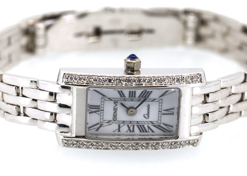 14k White Gold Square Diamond Geneve Italian Watch 28mm (Pre-owned)