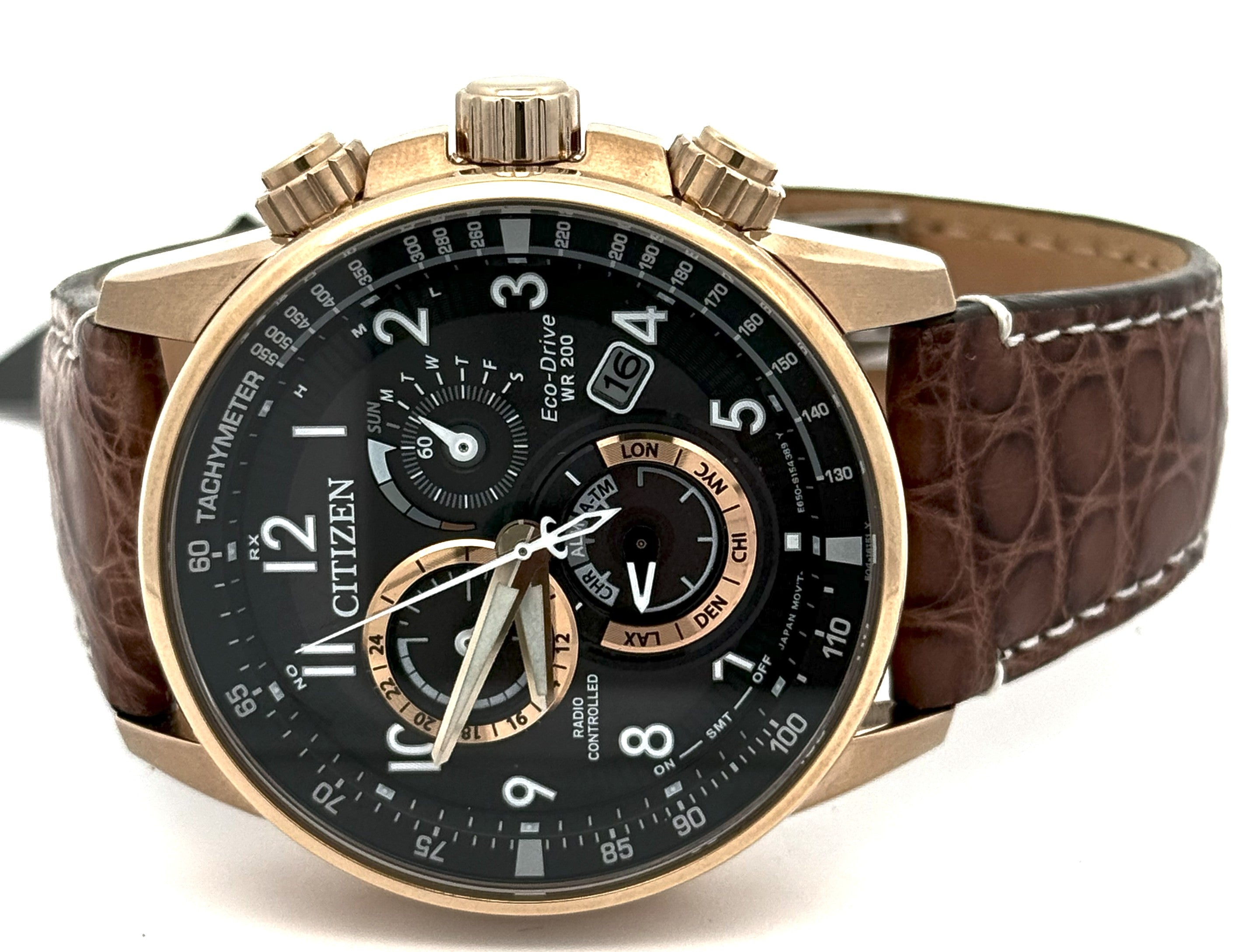 テコチチ Citizen PCAT Black Dial Eco-Drive Rose Plated Steel 44mm Watch