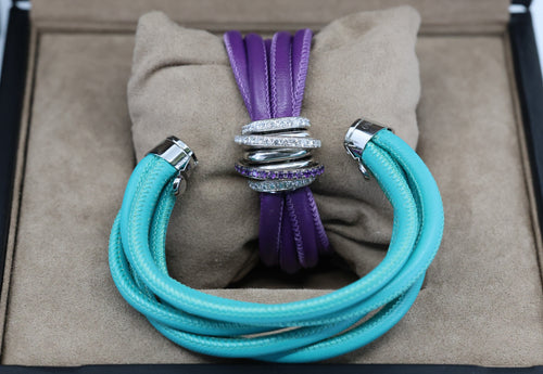 De Grisogono "Allegra" Diamond 18k White Gold  Purp - Green Leather Wrap Bracelet