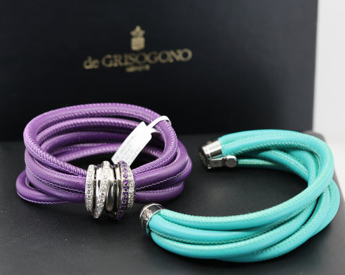 De Grisogono "Allegra" Diamond 18k White Gold  Purp - Green Leather Wrap Bracelet