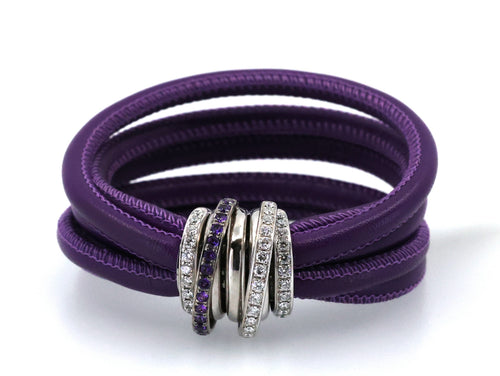 De Grisogono "Allegra" Diamond 18k White Gold  Purp - Green Leather Wrap Bracelet