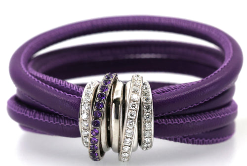 De Grisogono "Allegra" Diamond 18k White Gold  Purp - Green Leather Wrap Bracelet