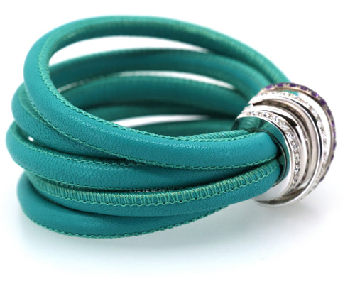De Grisogono "Allegra" Diamond 18k White Gold  Purp - Green Leather Wrap Bracelet