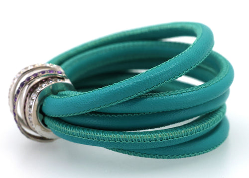 De Grisogono "Allegra" Diamond 18k White Gold  Purp - Green Leather Wrap Bracelet