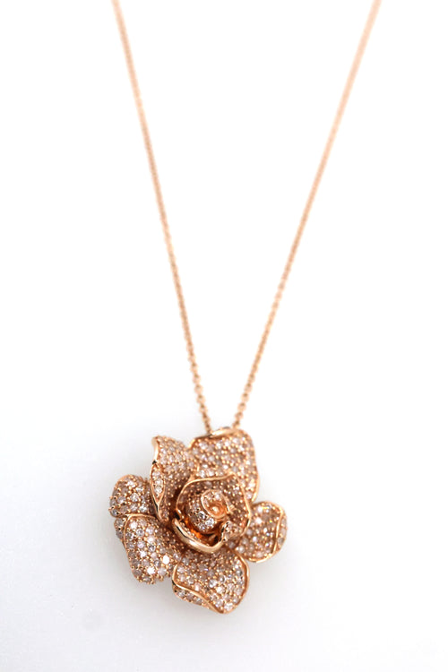 0.75CTW Diamond Rose Flower Pendant Necklace 14K Rose Gold 18" Cable Chain
