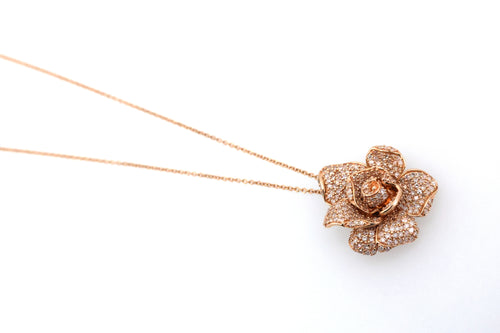 0.75CTW Diamond Rose Flower Pendant Necklace 14K Rose Gold 18" Cable Chain