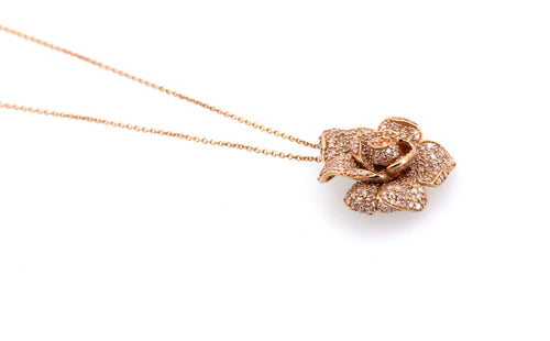 0.75CTW Diamond Rose Flower Pendant Necklace 14K Rose Gold 18" Cable Chain