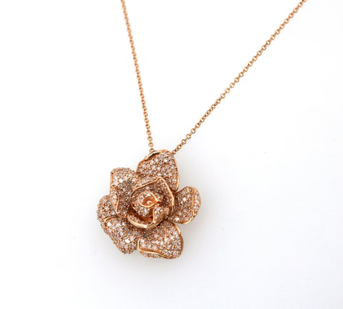 0.75CTW Diamond Rose Flower Pendant Necklace 14K Rose Gold 18" Cable Chain