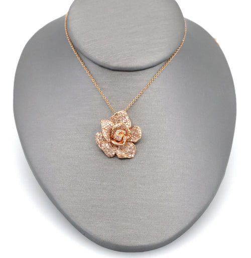 0.75CTW Diamond Rose Flower Pendant Necklace 14K Rose Gold 18" Cable Chain