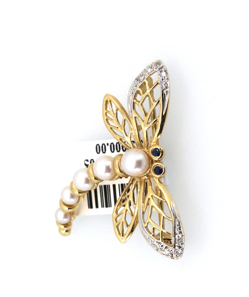14k Yellow Gold Dragonfly Pin / Brooch with Pearls & Diamonds 3.9g, S109027