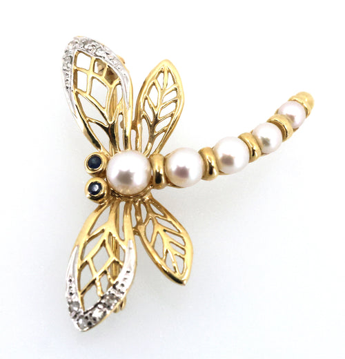 14k Yellow Gold Dragonfly Pin / Brooch with Pearls & Diamonds 3.9g, S109027