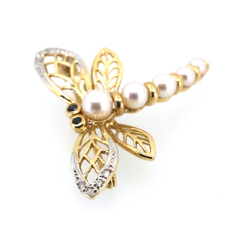 14k Yellow Gold Dragonfly Pin / Brooch with Pearls & Diamonds 3.9g, S109027
