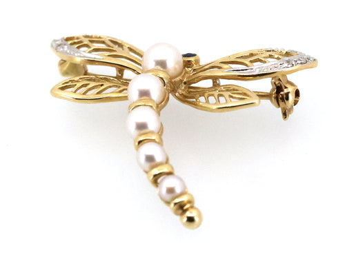14k Yellow Gold Dragonfly Pin / Brooch with Pearls & Diamonds 3.9g, S109027