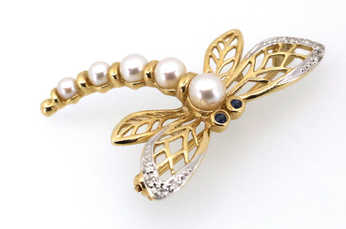 14k Yellow Gold Dragonfly Pin / Brooch with Pearls & Diamonds 3.9g, S109027